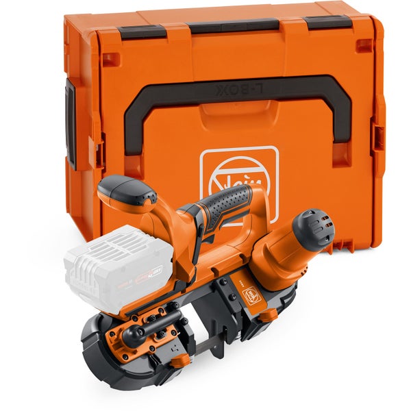 Orangefarbene Fein Akku-Bandsäge für Metallbearbeitung mit L-BOXX Transportkoffer und Akku.