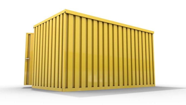 Lagercontainer Gerätehaus M  – 6 qm, H2150 x B3050 x T2170 mm, Außenwandlackierung RAL 1003 signalgelb, Dach außen verzinkt, mit Holzfußboden, 1830 mm Doppelflügeltür mittig in Breitseite, montiert
