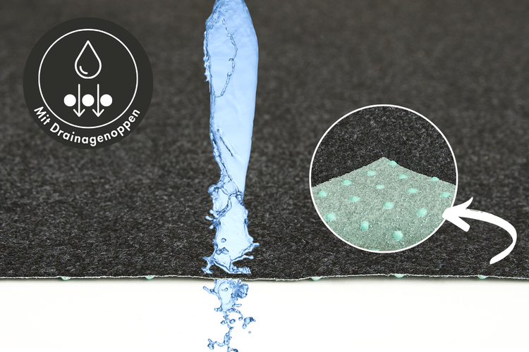 Outdoorteppich mit Drainagenoppen auf der Unterseite, wasserdurchlässiges Material