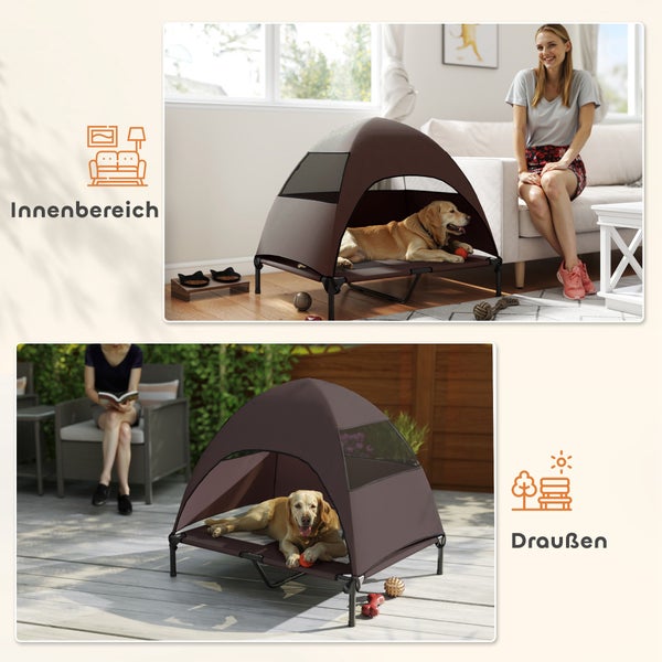 Hund liegt in einem braunen Hundebett mit Zeltfunktion, das sowohl drinnen als auch draußen verwendet werden kann.