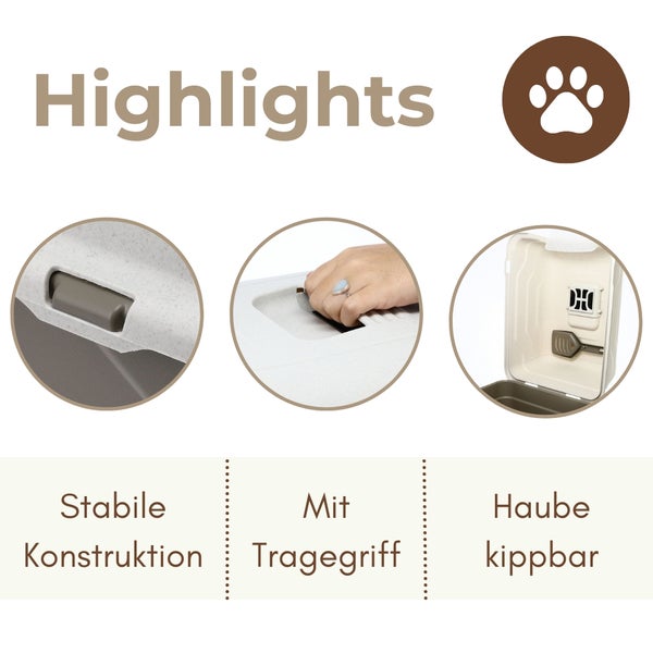 Produktdetails einer Katzentoilette mit stabiler Konstruktion, integriertem Tragegriff und kippbarer Haube.
