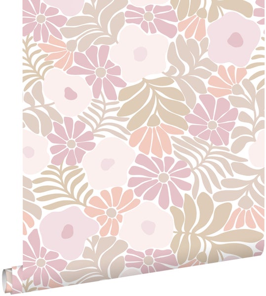 ESTAhome Tapete Blumen im Matisse-Stil Helllila, Grün und Orange - 50 x 900 cm - 131002
