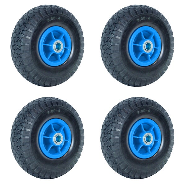 Vier schwarze Räder mit blauer Nabe und der Aufschrift 3.00-4