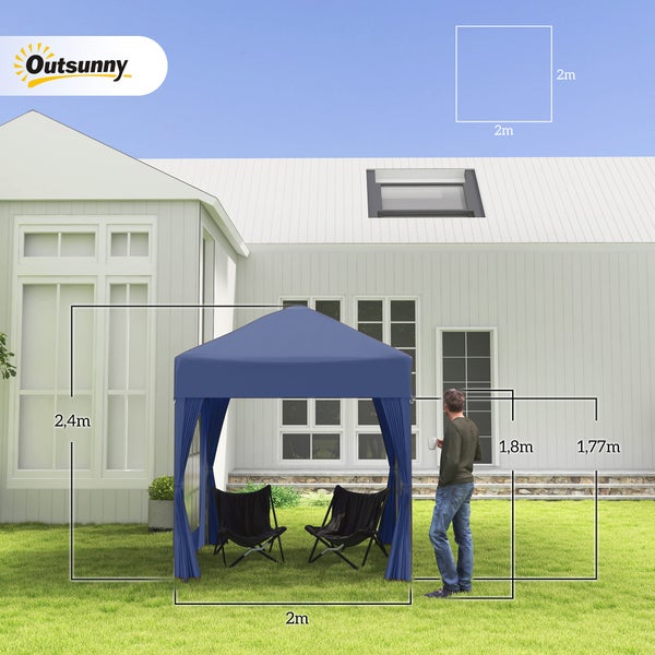 Outsunny Pavillon 2x2m Wasserdicht, Pop-up Faltpavillon mit 4 Seitenwänden, Abflusslöcher Fenster, faltbar Partyzelt UV 30+, Gartenzelt mit Tragetasche, Gartenpavillon für Terrasse, Blau