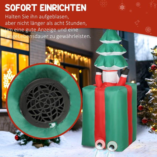 Aufblasbare Weihnachtsdekoration mit Tannenbaum in Geschenkkarton und Detailansicht der integrierten Luftpumpe im Außenbereich mit Schnee.