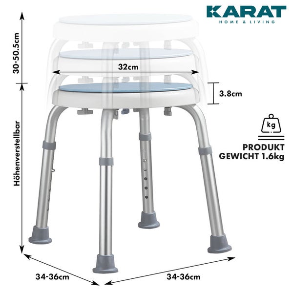 FLOORDIREKT Duschhocker Peter - 360 Grad drehbar - Höhenverstellbar - mit Anti-Rutsch-Gummifüßen - Bis 150kg belastbar