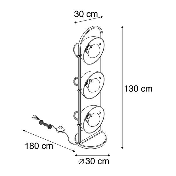 Technische Zeichnung einer Stehlampe mit drei Leuchten, Höhe 130 cm
