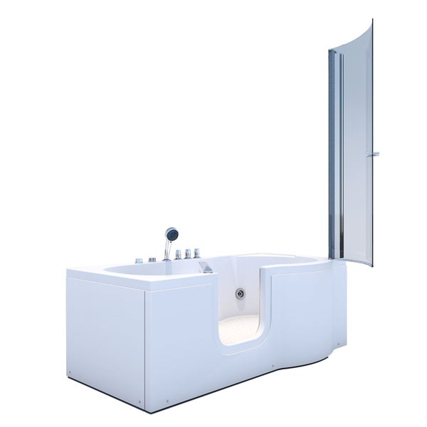 Weiße Sitzbadewanne mit niedriger Einstiegstür, Duschwand aus Glas und Armaturen.