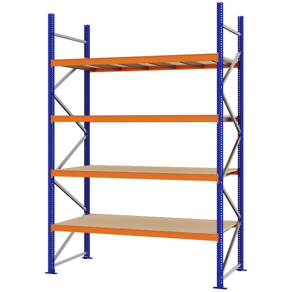 Schwerlastregal mit blauem Metallrahmen, orangefarbenen Traversen und vier Fachböden aus Holz.