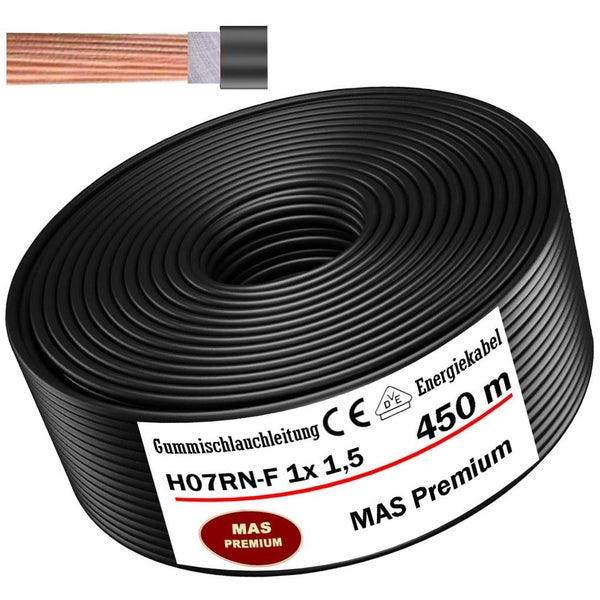 Gummischlauchleitung H07RN-F 1 mal 1,5 Quadratmillimeter, 450 Meter, MAS Premium, VDE und CE Kennzeichnung, MAS Premium Logo, Kupferleiter Ansicht.