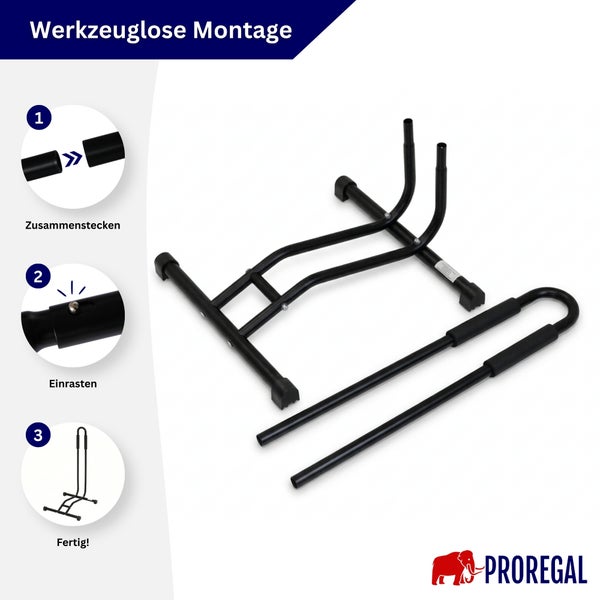 Montageanleitung für einen Proregal Fahrradständer mit werkzeugloser Steckmontage und Einrastfunktion.