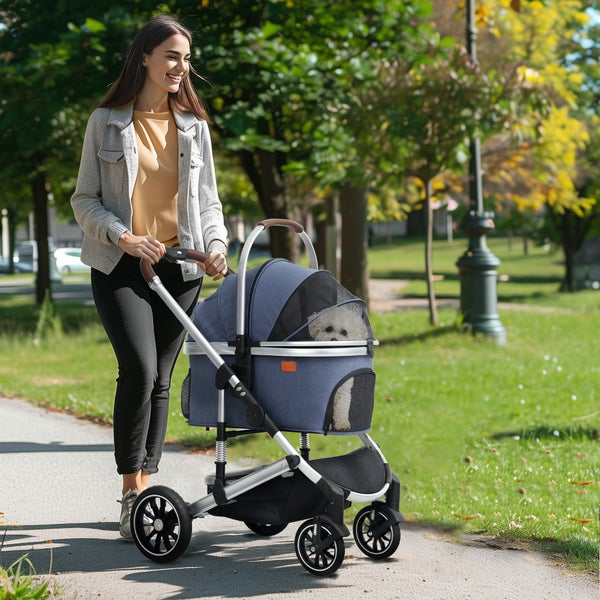 PawHut Hundewagen 3 in 1 Hundebuggy klappbar für Hunde & Katzen bis 10 kg Katzenbuggy mit Kissen Becherhalter Netzfenstern Türen Aufbewahrungskorb Katzenwagen Buggy Dunkelblau