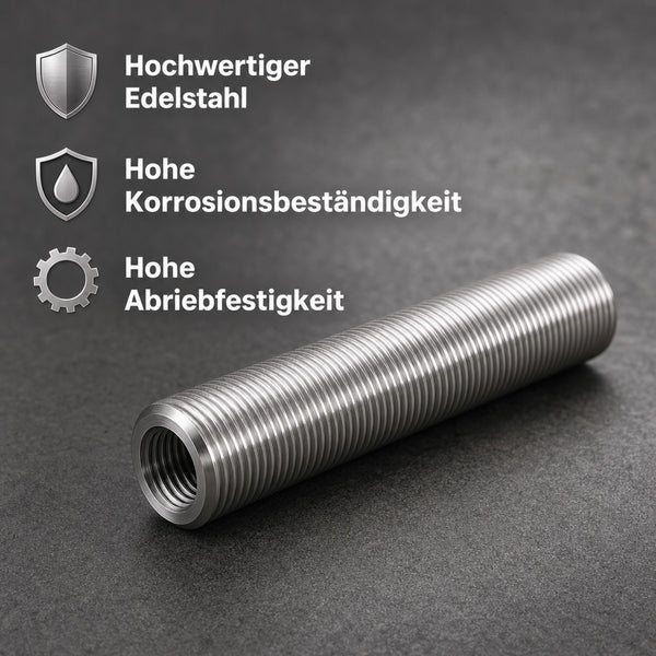 Gewindestange aus Edelstahl mit Symbolen für hochwertige Qualität, Korrosionsbeständigkeit und Abriebfestigkeit.
