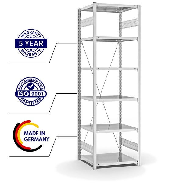 PROREGAL Fachbodenregal Stecksystem T-Profil Light-Duty Grundregal HxBxT 250 x 75 x 60 cm 6 Ebenen Fachlast 140 kg Einseitig Nutzbar Lichtgrau