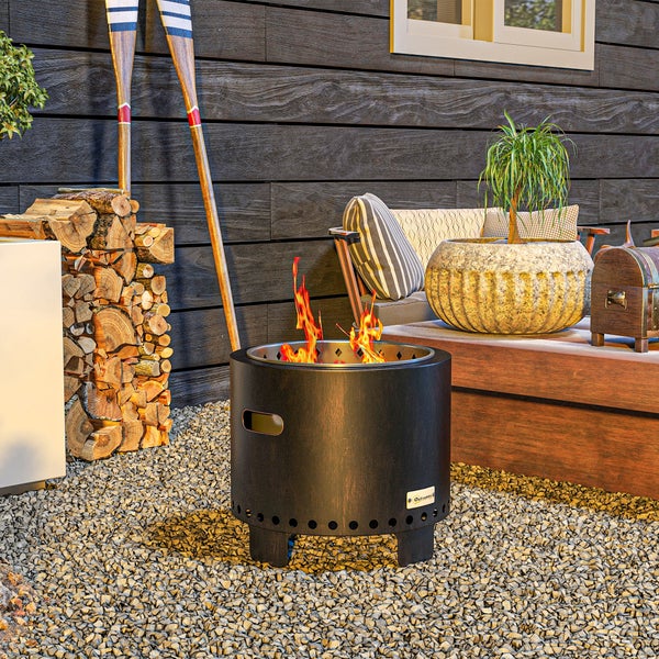 Outsunny Feuerschale, rauchfreier Tischfeuer, Ø45 cm Feuerstelle mit Griff, Schürhaken, Feuerkorb für Garten, Camping, Terrasse, Metall, Schwarz