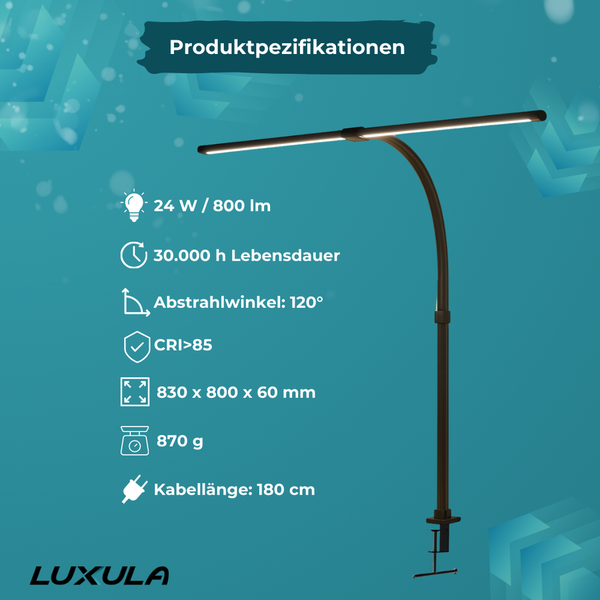 Produktdaten Luxula Schreibtischlampe: 24 Watt, 800 Lumen, 30000 Stunden Lebensdauer, 120 Grad Abstrahlwinkel, Kabellänge 180 Zentimeter.