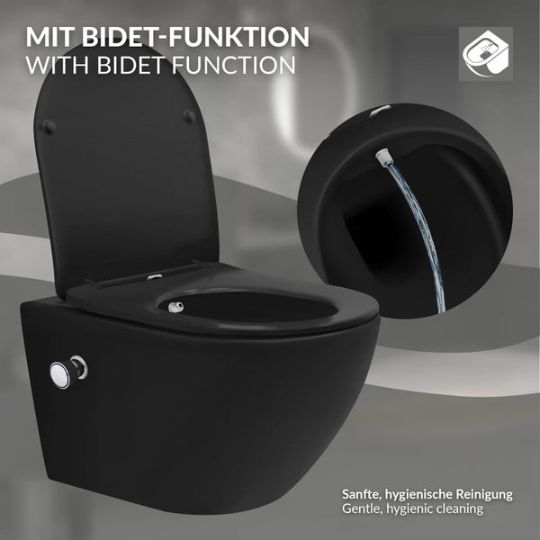 LuxeBath Wand WC Spülrandlos mit Bidet-Funktion, Schwarz matt, lang 53,5 cm, Tiefspüler Keramik Hänge WC, Dusch WC Nano Beschichtung, Tornadospülung, Kloschüssel Hängend mit WC-Sitz Absenkautomatik