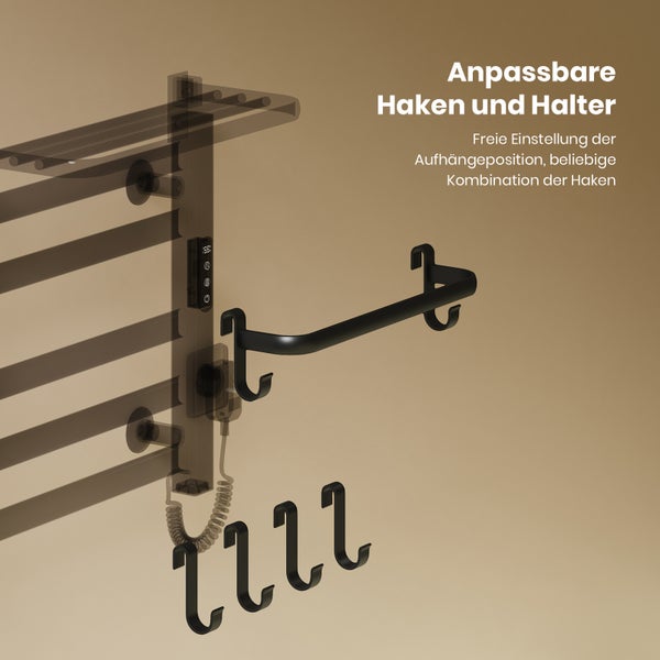 Anpassbare Haken und eine Handtuchstange als Zubehör für einen Handtuchheizkörper zur freien Positionierung.