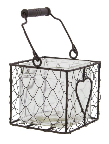 FRANK FLECHTWAREN | Windlicht Herz, METALL, 11 x 11 x 11 cm, GH 20 cm, Glas 10 x 10 x 10 cm, ohne Kerze