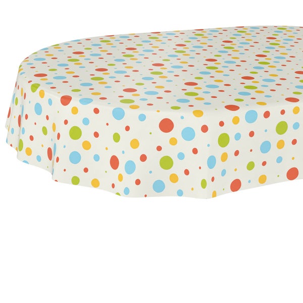 Wachstuch-Tischdecke mit bunten Punkten, oval.