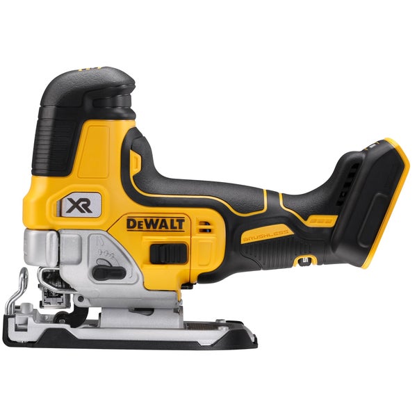 Bürstenlose DeWalt XR Pendelhubstichsäge in Stabform mit verstellbarer Fußplatte und Metallschutzbügel.