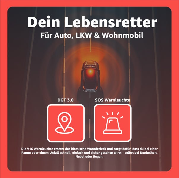 V16 Warnleuchte für Auto, LKW und Wohnmobil mit DGT 3.0 und SOS Funktion