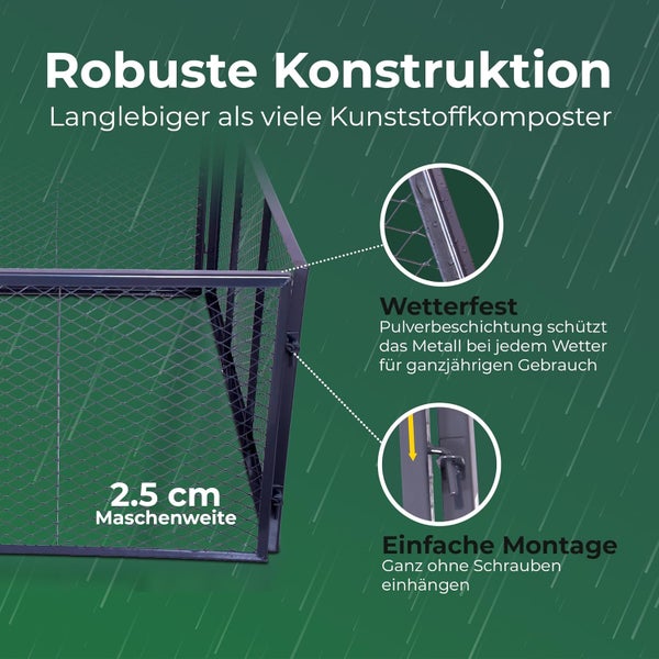 Metalldrahtkomposter mit 2,5 Zentimeter Maschenweite, wetterfester Pulverbeschichtung und schraubenloser Montage.