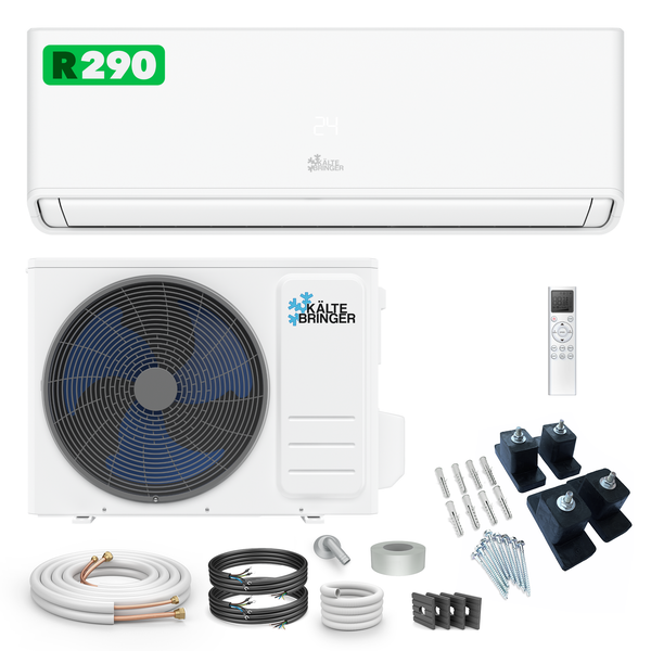 Split-Klimaanlage Kältebringer Set mit Innengerät, Außengerät, Fernbedienung und Montagematerial für das Kältemittel R290.