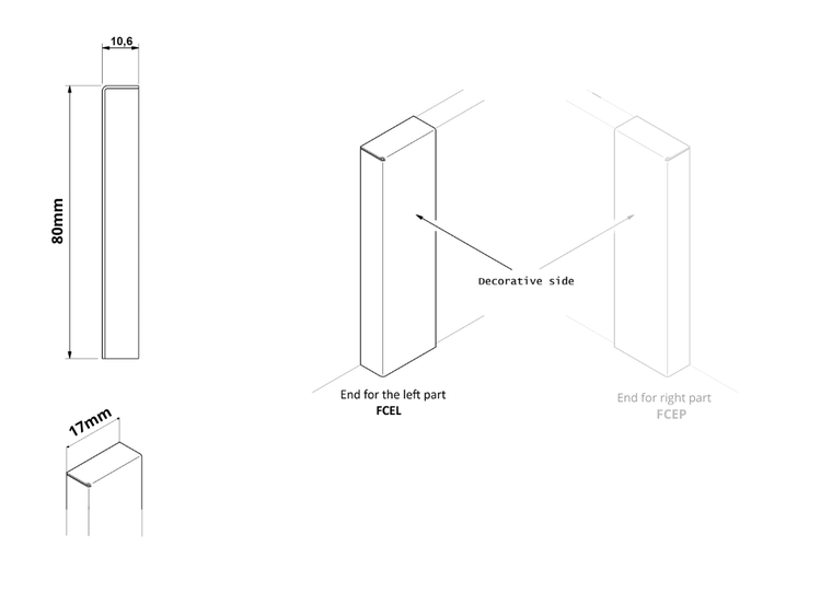 Technische Zeichnung einer 80 mm langen Zierleiste mit dekorativer Seite für linkes und rechtes Ende