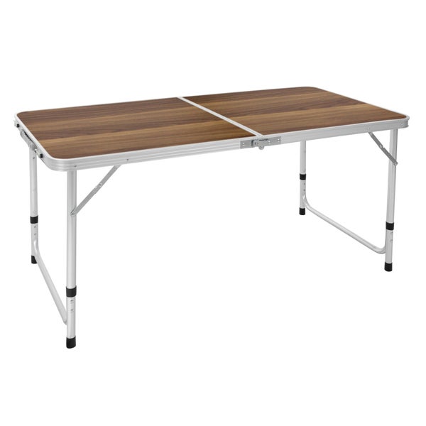 ECD Germany Campingtisch Klapptisch mit Tragegriff 120x60x55/63/70 cm Braun aus Aluminium und MDF Holzdekor höhenverstellbar klappbar - Falttisch Gartentisch Balkontisch Reisetisch Arbeitstisch Tisch