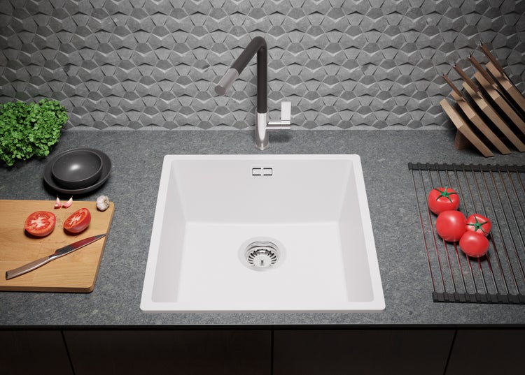 PRIMAGRAN Spülbecken Alles Weiß 46x47cm, Granitspüle 1 Becken + Ablauf-Set, Küchenspüle ab 50er Unterschrank - London Slim
