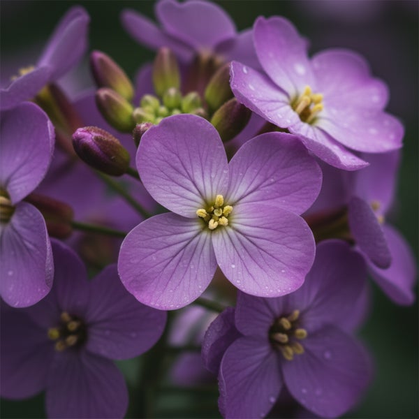 Nahaufnahme von violetten Blüten mit vier Blütenblättern und gelber Mitte sowie Blütenknospen.