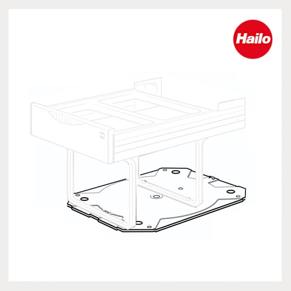 Technische Illustration eines Hailo Auszugssystems mit einer Montageplatte und Hailo Logo.