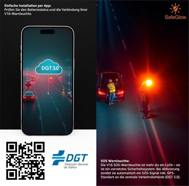 Produktbild mit SafeGlow V16-Warnleuchte, Smartphone-App zur Installation und QR-Code zum Scannen.