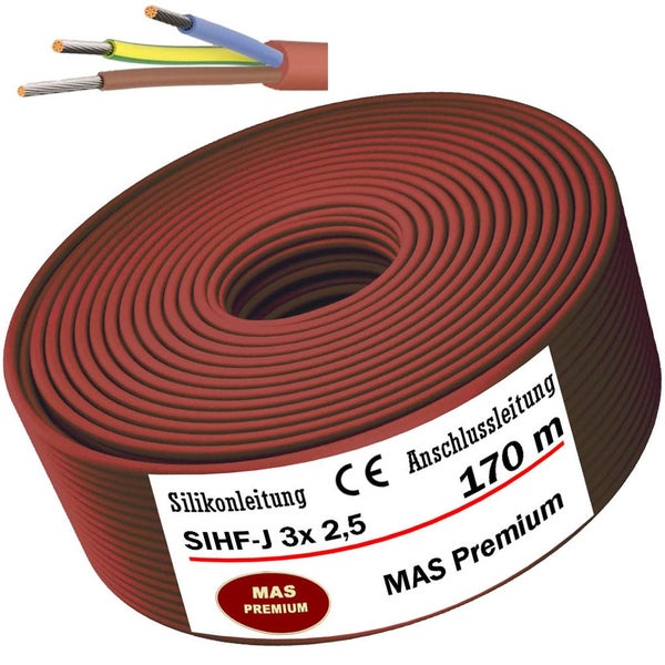 Silikonleitung SIHF-J 3x2,5 mm, 170 m Rolle, hitzebeständiges Anschlusskabel für Elektroinstallationen.
