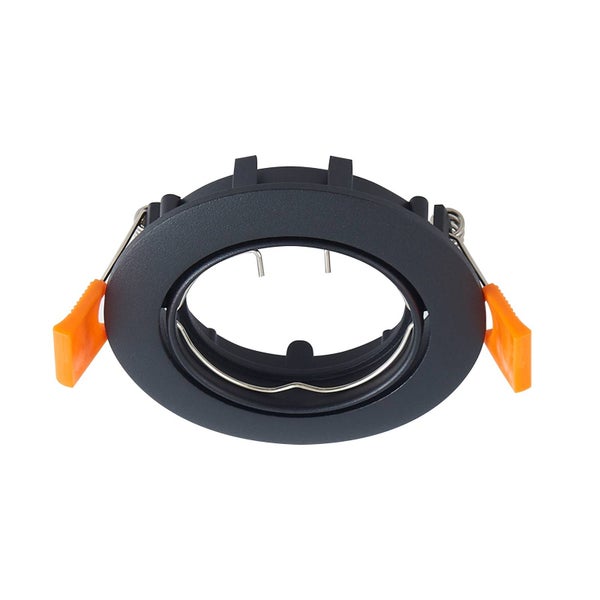 Runder Einbaurahmen für LED-Strahler in Schwarz mit orangefarbenen Montagefedern.