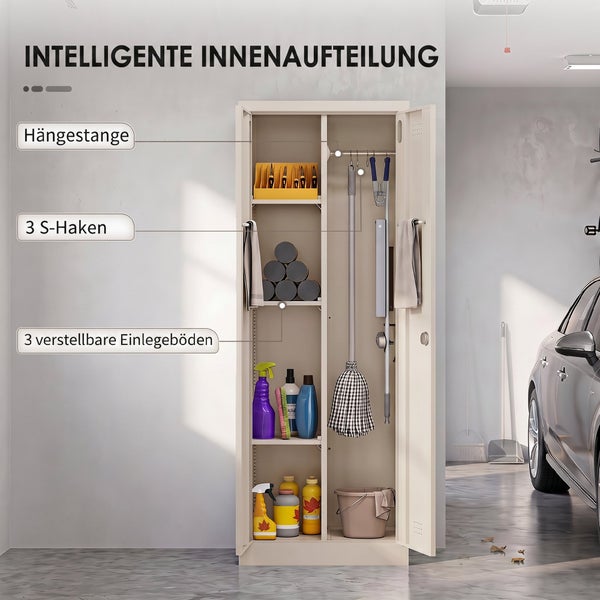 Geöffneter Metallschrank für Garage mit drei verstellbaren Einlegeböden, Hängestange und drei S-Haken für Werkzeug und Reinigungsutensilien.