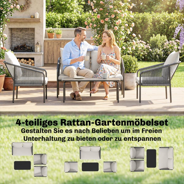 4-teiliges Rattan-Gartenmöbelset mit Sofa, zwei Sesseln und Tisch auf einer Terrasse, inklusive Darstellungen verschiedener Stellvarianten.