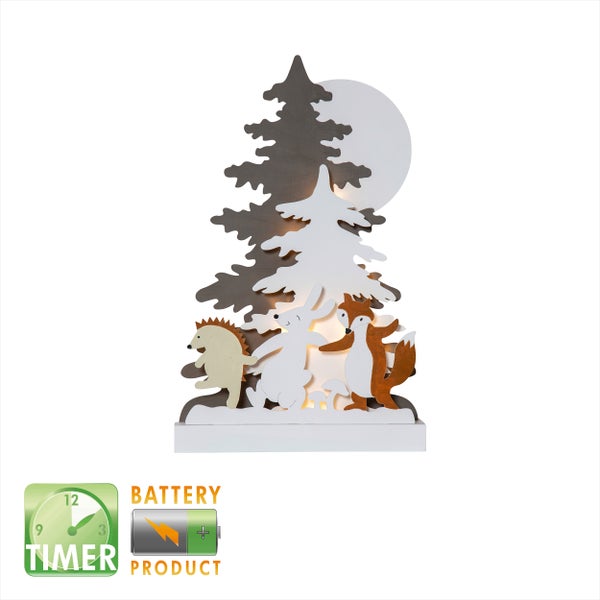 Dekorative Holzleuchte mit Waldtieren, Batteriebetrieb und Timer