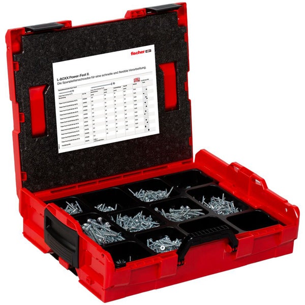 Offener roter L-BOXX Power-Fast II Koffer von Fischer gefüllt mit Spanplattenschrauben