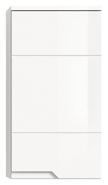Badezimmer-Hängeschrank in Weiß Hochglanz mit griffloser Front und horizontalen Linien zur Wandmontage.