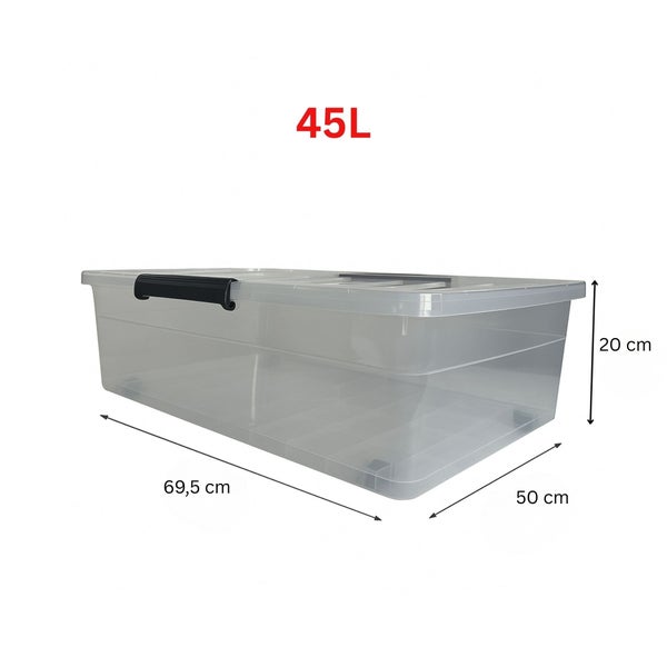Aufbewahrungsbox aus Kunststoff mit Deckel, 45 Liter Fassungsvermögen und den Maßen 69,5 x 50 x 20 Zentimeter.