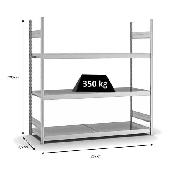 PROREGAL Weitspannregal Stecksystem T-Profil Grundregal HxBxT 200x200x60 cm 3 Ebenen Stahlplatten Fachboden Fachlast 350 kg Verzinkt