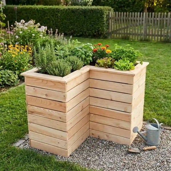 Winkelförmiges Hochbeet aus Holz im Garten bepflanzt mit Kräutern und Blumen mit Gießkanne und kleiner Handschaufel daneben auf Kiesuntergrund