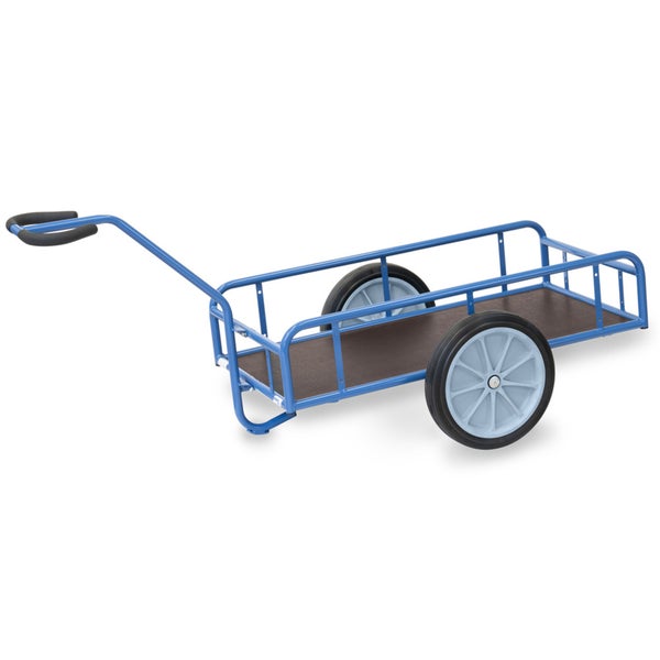 Handwagen mit blauem Stahlrohrrahmen, Ladefläche aus Holz und zwei großen Rädern.