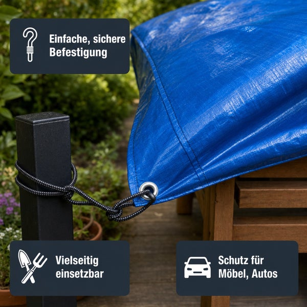 Abdeckplane mit Ösen und elastischem Spannseil zur sicheren Befestigung von Gartenmöbeln oder Fahrzeugen.