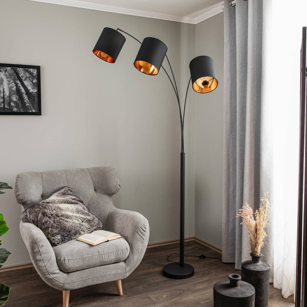 Lindby Stehlampe (Bogenleuchte) Nanika (Modern) in Schwarz aus Metall (3 flammig, E27) - Textil Stehleuchte Floor Lamp Standleuchte Wohnzimmerlampe Wohnzimmerleuchte