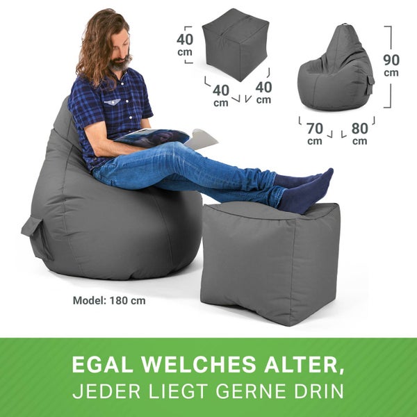 Green Bean 2er Set Sitzsack + Hocker - fertig befüllt - robust waschbar schmutzabweisend - Kinder & Erwachsene Bean Bag Bodenkissen Lounge Sitzhocker Relax-Sessel Gamer Gamingstuhl Pouf - Grau