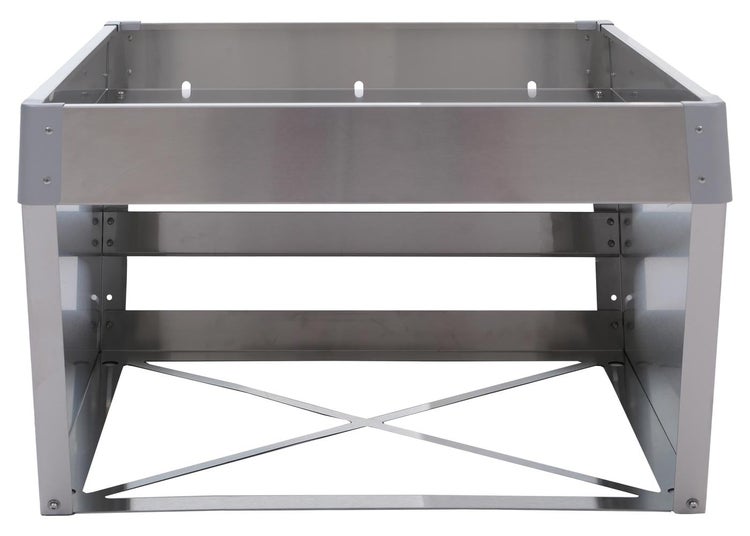 Edelstahl-Untergestell für Outdoorküchen-Module mit stabilisierendem Kreuzrahmen.