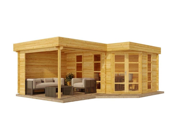 Alpholz 5-Eck Gartenhaus Lindau-40 mit Anbau Gartenhaus aus Holz in natur, Holzhaus mit 40 mm Wandstärke inklusive Terrasse, Blockbohlenhaus mit Montagematerial imprägniert 4,6x6,2m